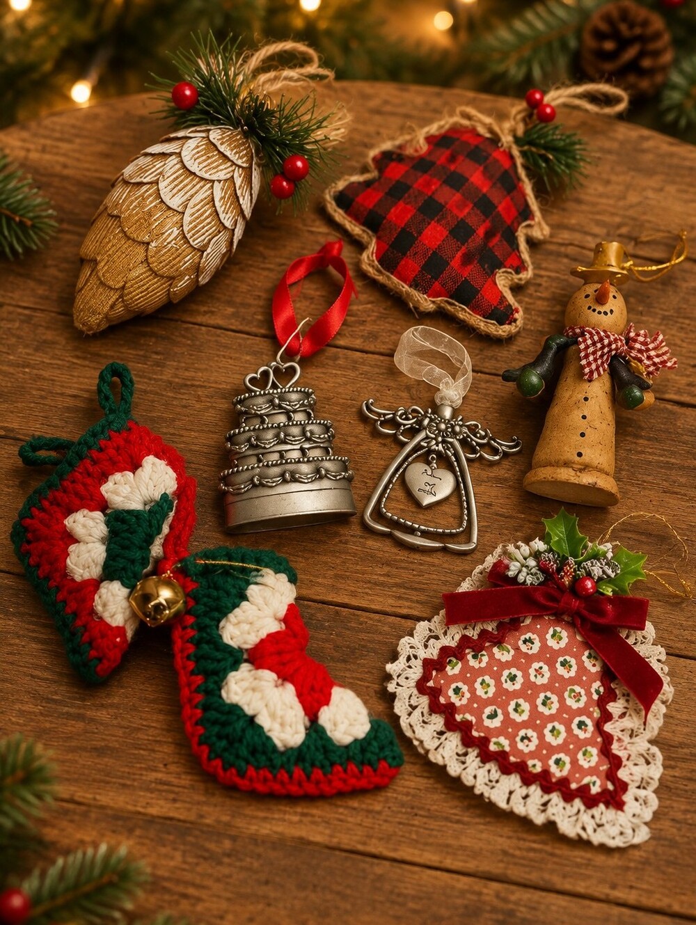 Holiday Assorted Christmas Ornaments -pewter/crocheted/resin